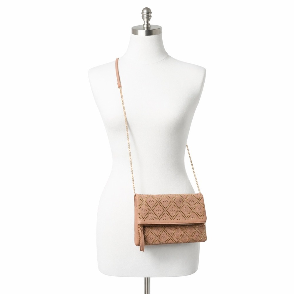 Maison West Tan‎ Studded Foldover Crossbody Bag Gold Chain Strap Clutch Purse